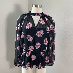 Express Womens Medium Blouse Floral Sheer Long Sleeves Peplum Shirt Top